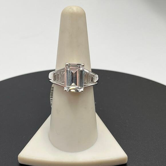 Designer Emerald Cut Lab Created White Sapphire Sterling Silver Ring Sz 7 1/4 - Picture 2 of 9